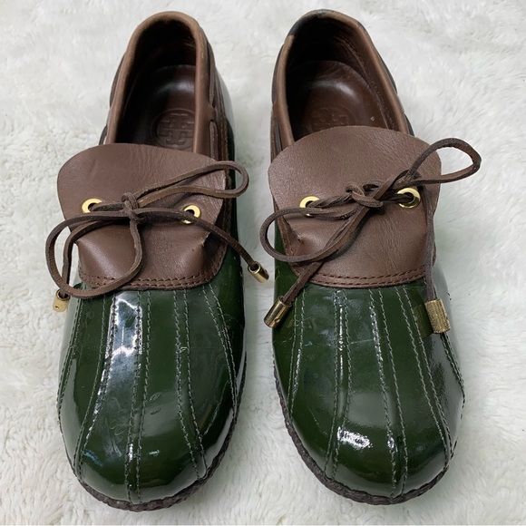 Tory Burch Women's Matthew Duck Boots 8 Green Brown Leather Rubber Rain Shoes - Picture 7 of 16